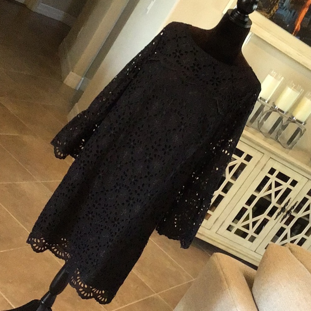 J Crew eyelet side zip long sleeve (bell) dress, black, size 14, NWT